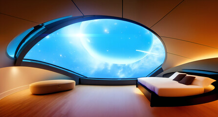 Fototapeta futuristic bedroom in a spaceship, outer space view, luxurious room with round shapes and soft light obraz