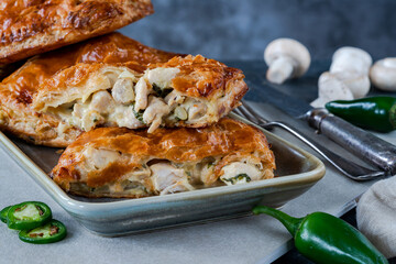 Mini chicken and mushroom puff pastry pies