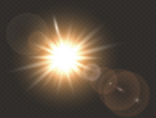 Abstract front sun lens flare translucent special light effect. Vector blur glow glare. Isolated transparent background. Decor element design. Star burst rays and spotlight. Summertime