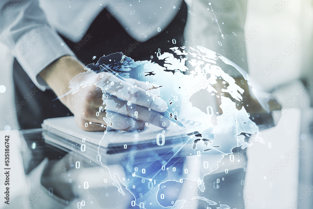 Poster multi exposure of abstract programming language hologram with world map and man hand writing in note