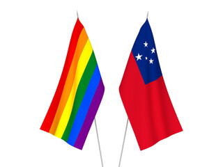 National fabric flags of Rainbow gay pride and Independent State of Samoa isolated on white background. 3d rendering illustration.