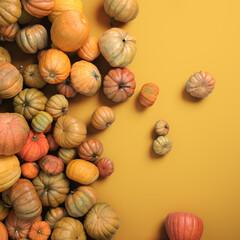 Autumn composition of orange pumpkins on white table background.