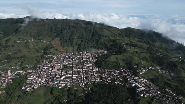drone fly above Jerico small town in Antioquia department medellin Colombia