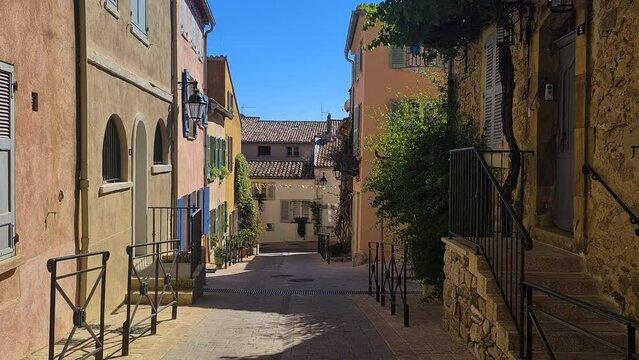 Idyllic Empty Narrow Street in Old Town of Saint Tropez France on Hot Summer Day