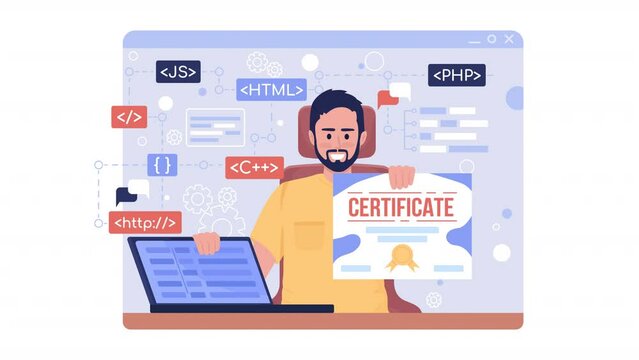 Animated isolated course certificate. Learn programming. Looped flat 2D character HD video footage with alpha channel. Colorful animation on transparent background for website, social media