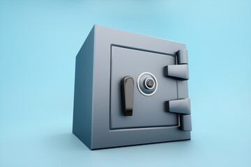 Closed steel safe isolated on a blue background. Savings protection concept, bank deposit, saving money. 3D illustration, 3D render.