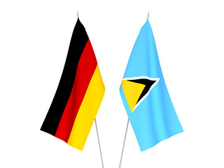 National fabric flags of Germany and Saint Lucia isolated on white background. 3d rendering illustration.