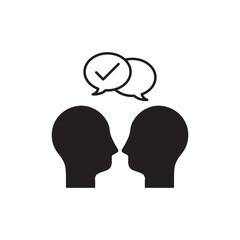 Communication and understanding each other thin line icon: two silhouettes of heads with speech bubbles with check mark. Social interaction.