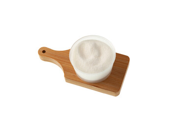 Konjac Gum Powder in plastic bowl on wooden board. Food additives E425. Konjac gum is used along...
