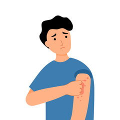 Young man scratching arm. Guy suffering from strong allergy skin itchy symptom in flat design. Red rash skin irritation.