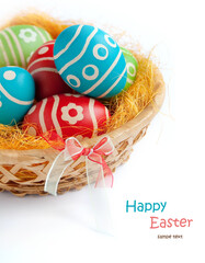 Easter eggs in basket isolated on white background