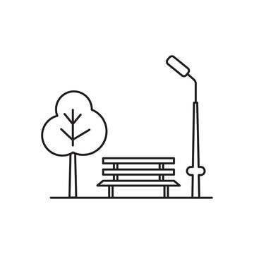 Park, public place. in city thin line icon: bench, tree, lantern. Arrangement of the city