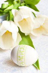 white easter egg on a background of white springs tulips