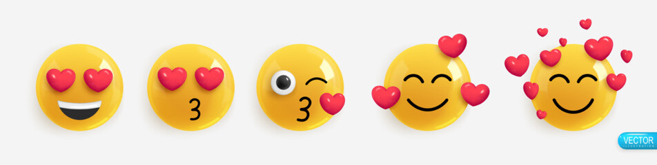 Emotion Realistic 3d Render. Set Icon Smile Emoji. Vector yellow glossy emoticons.