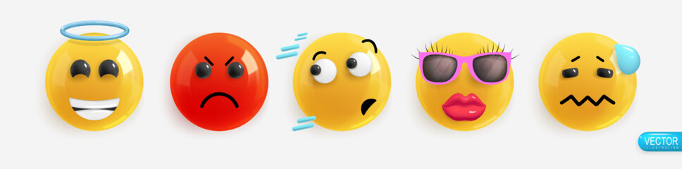 Emotion Realistic 3d Render. Set Icon Smile Emoji. Vector yellow glossy emoticons.