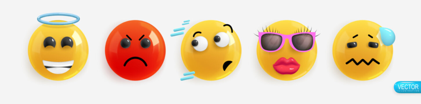 Emotion Realistic 3d Render. Set Icon Smile Emoji. Vector yellow glossy emoticons.