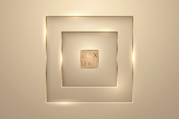 Vector pink gold luxury background for vip invitation card or flyer. Square paper cut frame with golden line edges and light flares. Premium design banner