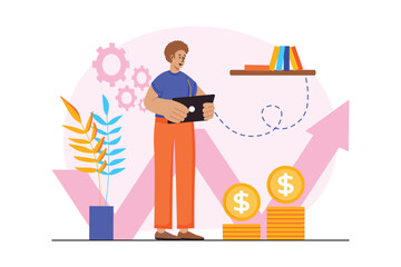 Pink concept Sales performance with people scene in the flat cartoon style. Employee analyzes sales performance and increased profit. Vector illustration.