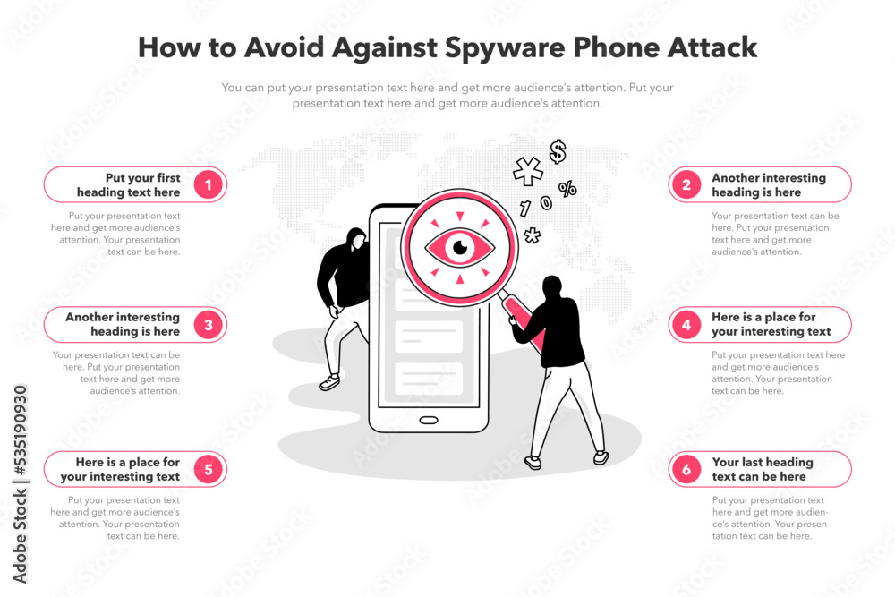 Poster Simple infographic template for how to avoid against spyware phone attack. 6 stages template with a spy magnifier and a smartphone as a main symbol.