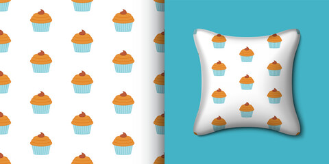 Cupcake seamless pattern with pillow. Vector illustration