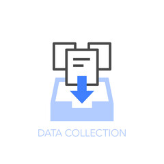 Simple visualised data collection icon symbol with data files and a storage box.