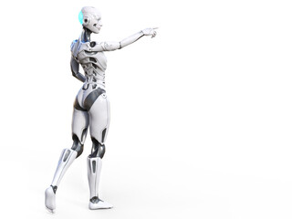 3D rendering of a female android pointing with white background.