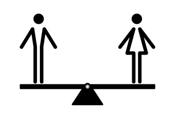 Gender equality concept. Man and woman icon on a seesaw. Vector illustration - obrazy, fototapety, plakaty