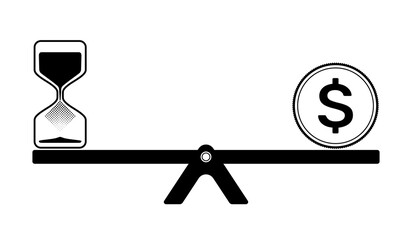 Time and money balance concept. Sand clock and dollar coin on a Seesaw symbol. Vector illustration