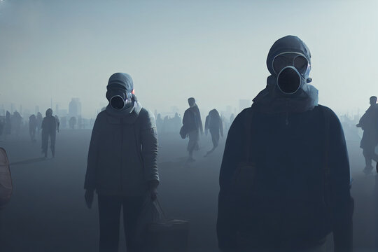 people wear face mask and bodysuit in air polluted city 3d illustration