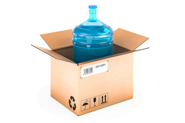 Water bottled inside cardboard box, delivery concept. 3D rendering