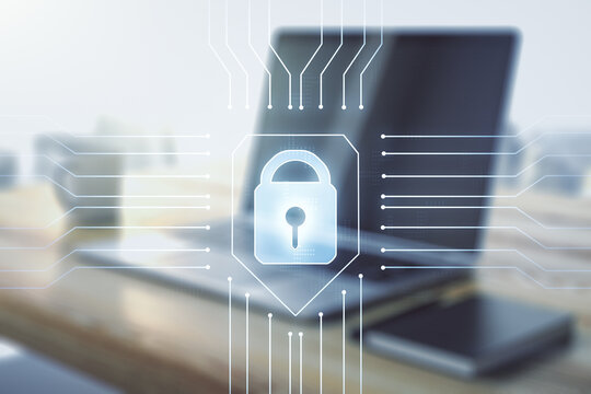 Creative idea concept with lock symbol and microcircuit illustration and modern desktop with computer on background. Protection and firewall concept. Multiexposure