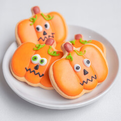 Happy Halloween day with funny Cookies, different Pumpkin biscuits on plate. Trick or Threat, Hello October, fall autumn, Traditional, party and holiday concept