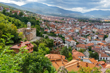 Fototapeta na wymiar Prizren Old Town and Sinan Pasha Mosque. Popular Tourist Destination in Kosovo. Historic and touristic city located in Prizren. Balkans. Europe. 
