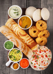 South Indian food dosa idly vada and oothappam with sambar