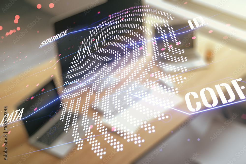 Aufkleber Double exposure of abstract creative fingerprint hologram and modern desk with computer on background, protection of personal information concept