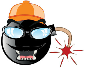 Cartoon of the bomb bespectacled and headdress