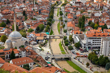 Fototapeta na wymiar Prizren Old Town and Sinan Pasha Mosque. Popular Tourist Destination in Kosovo. Historic and touristic city located in Prizren. Balkans. Europe. 