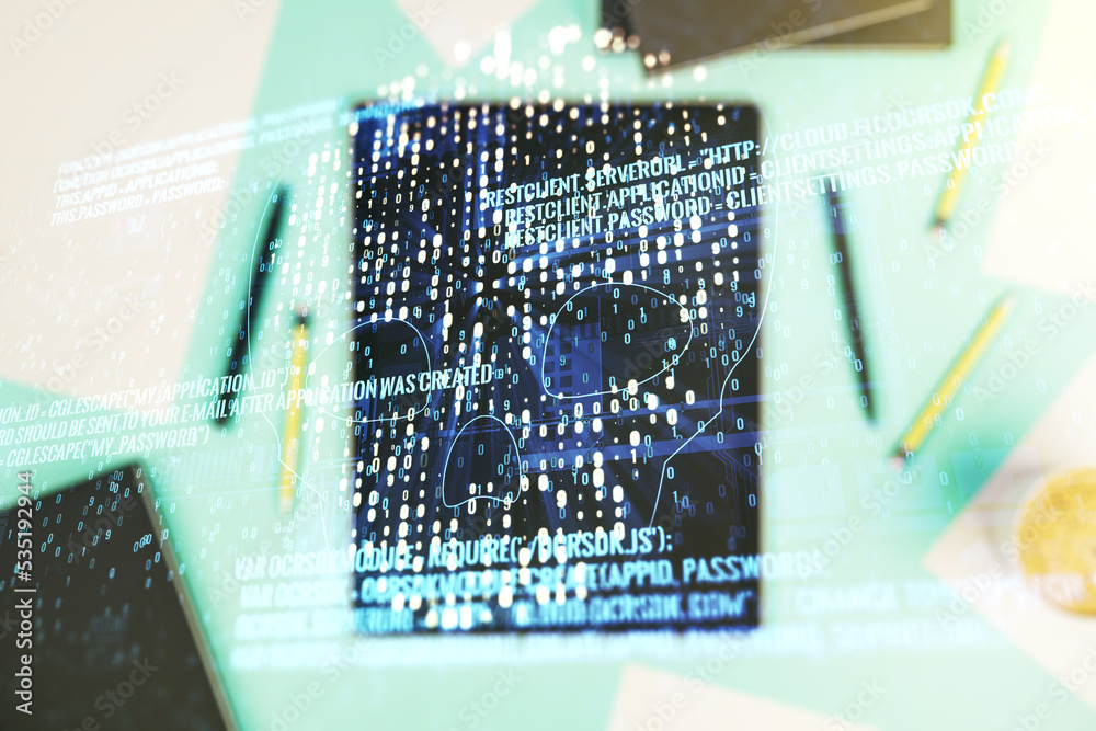 Poster double exposure of creative code skull hologram and digital tablet on background, top view. malware 