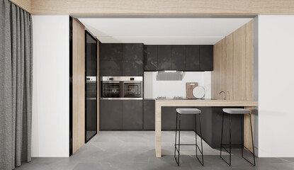 Modern Dining and kitchen interior with dining table and chairs.3D illustration