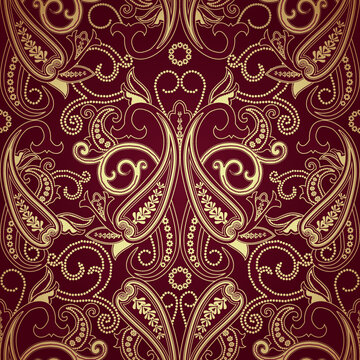 Gold paisleys and flowers red background