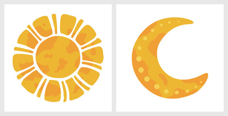 Cute sun and moon in boho style. Set of pastel doodle elements. For stickers, cards and children illustrations, kids bedroom or preschool.