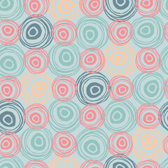 Doodle texture with scribble circles. Regular abstract seamless pattern. Green, red and gray colors. Hand drawn elements background for wrapping, fabric, wallpaper or cards.