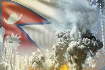 big smoke pillar with fire in abstract city - concept of industrial accident or act of terror on Nepal flag background, industrial 3D illustration