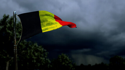 Belgium flag for veterans day on dark storm cumulus clouds - abstract 3D illustration
