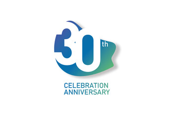 Obraz premium 30 year anniversary celebration fun style logotype. anniversary white logo with green blue color isolated on red background, vector design for celebration, invitation and greeting card - Vector