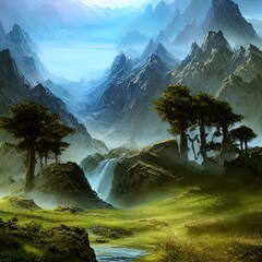 Illustration colorful mountain landscape, in the sun