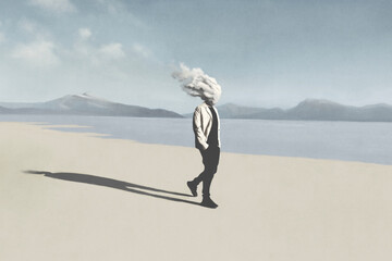 Illustration of man walking with cloud over his head, surreal abstract concept - 535194180