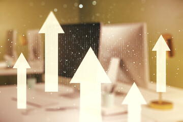 Creative abstract upward arrows hologram on modern computer background, leadership and motivation concept. Multiexposure