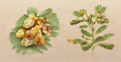 Frankincense (Boswellia). Botanical illustration on white paper. The best medicinal plants, their effects and contraindications. Natural medicine. Plant properties.