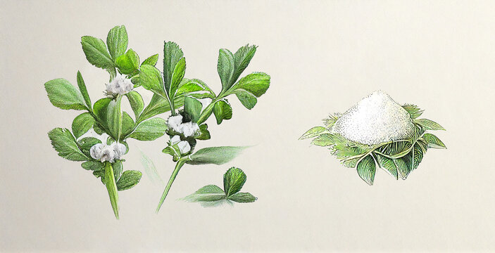 Stevia (Stevia Rebaudiana). Botanical illustration on white paper. The best medicinal plants, their effects and contraindications. Natural medicine. Plant properties.